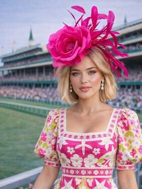 Fuchsia Floral Derby Fascinator | Silk Flower & Feather Headpiece Statement Hat